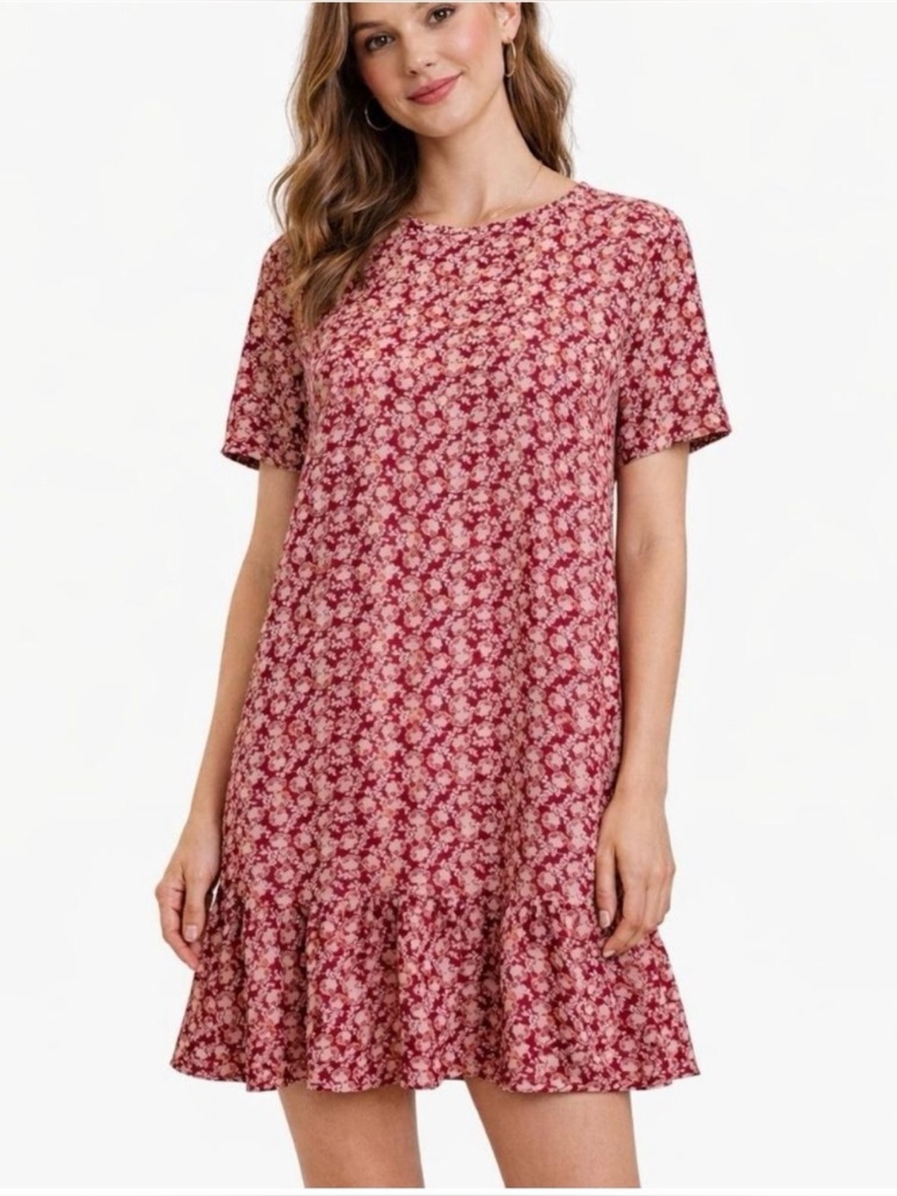 LOFT Red Ditsy Floral Ruffle Hem Shift Dress L